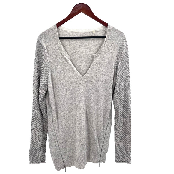 Cinq A Sept Gray Merino Wool V-Neck Metallic Zipper Accent Sweater Womens Medium - Picture 1 of 6